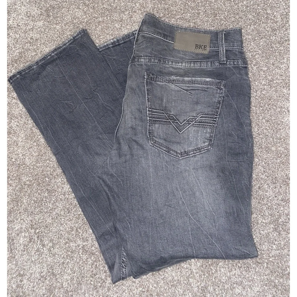 BKE Jake Straight Jeans Mens 38x30 Gray Distressed Stretch Y2K Hipster Trendy
